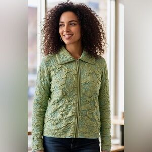 Oilily Vintage Green Blue Textured Doible Zipper Knit Cardigan Bomber Jacket L